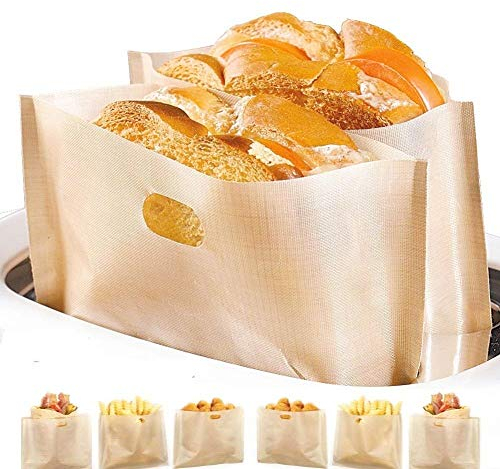 Non-stick toaster bags, easy to clean, reusable and heat-resistant, gluten free, PFOA-free, FDA approved, for pastries, pizza pieces, grilled cheese sandwiches, chicken nuggets and toast (pack of 6)
