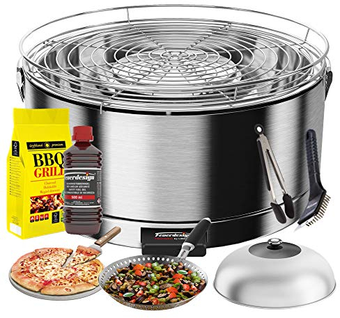 YesEatIs by FEUERDESIGN - MAYON Stainless Steel Grill - Kit with IGNITION GEL + CHARCOAL 3 KG + Barbecue Tongs + Pizza Stone + Stainless Steel Dome + Vegetable Pan + Cleaning brush