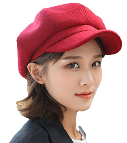 Ladies Hats Winter Beret, Newsboy Style Classic Solid Color Adjustable Wool Beanies Cap for Women (Wine red)
