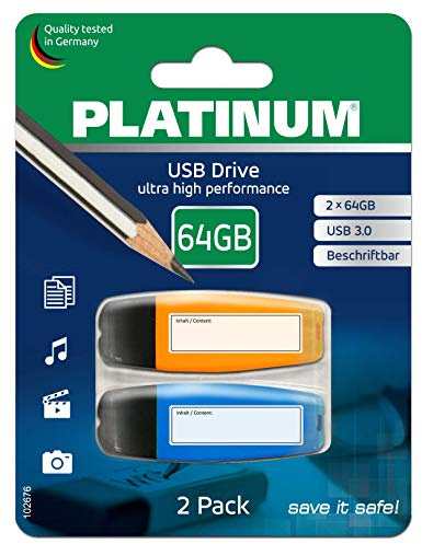 PLATINUM USB-Stick mit Beschriftungsfeld 64 GB 2-Pack USB Archiv 3.0 USB-Flash-Laufwerk - 2er Pack Speicher-Stick in Schwarz/Bunt Neon