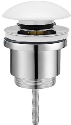Piletta click clack universale per lavabi con e senza troppo pieno, in ottone cromo con tappo in ceramica bianco lucido, attacco standard G 1”1/4