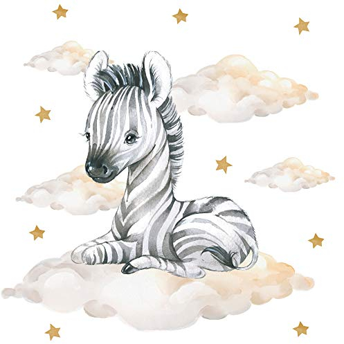 Pandawal Kinderzimmer Deko Wandtattoo Zebra mit Wolken Sterne Junge Mädchen Wandsticker Baby Safari Tiere Wandaufkleber (L, Zebra)