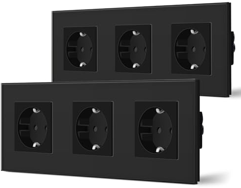 BSEED Schuko Steckdose 2er Pack, 16Amp AC Power Kristallglas Platte, 3 Fach Unterputzdose Steckdose, 228mm Dreifach Schutzkontaktbuchse Wandsteckdose Schwarz