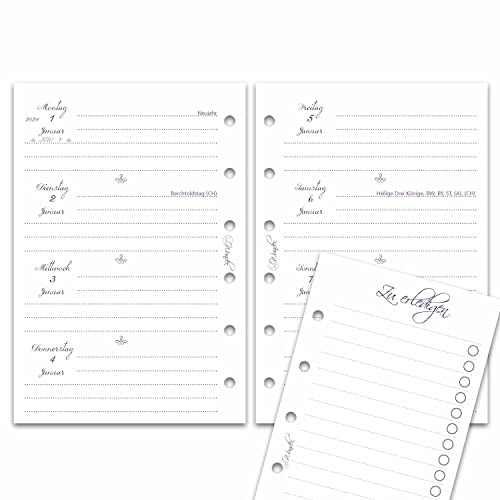 SinnWunder®2026 Premium Wochen-Kalendereinlagen - 1 Woche auf 2 Seiten und gratis ToDo-Listen - Größe Pocket mit Filofax-Lochung - VintageSinn