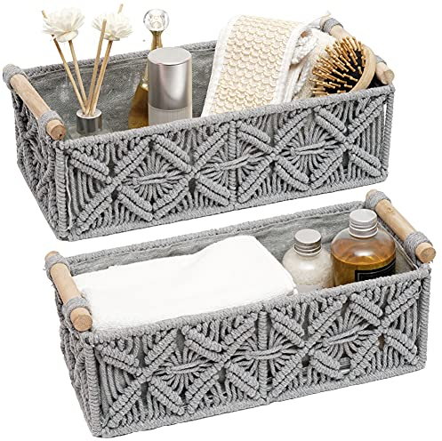 Macrame Storage Basket Boho Decor Baskets for Organizing Woven Decorative Countertop Toilet Paper Tank Top Home Bedroom Nursery Livingroom Entryway (Set of 2,Grey)