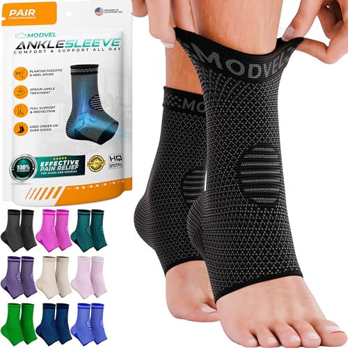 MODVEL 2 Pack Ankle Brace Compression Sleeve | Injury Recovery, Joint Pain | FSA or HSA eligible | Achilles Tendon Support, Plantar Fasciitis Foot Socks with Arch Support