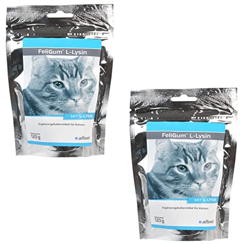 Alfavet FeliGum L-Lysin, Doppelpack, bei Katzenschnupfen, Ergänzungsfuttermittel für Katzen, 2 x 120 g Beutel, 2 x ca 60 Kaudrops