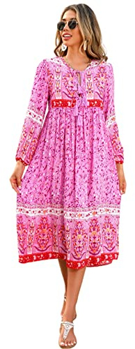 R.Vivimos Damen Beiläufig Bohemien Drucken Krawatte Langarm Strand Stil Lang Midi Urlaub Kleid