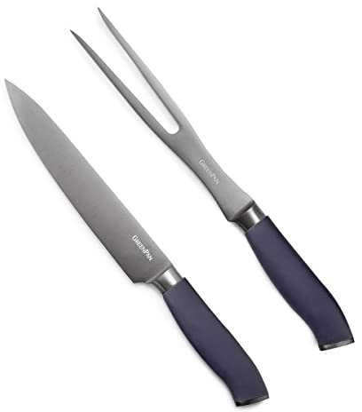 GreenPan Set di 2 coltelli da intaglio in titanio, rivestiti in titanio, acciaio inossidabile, ecologici, impugnatura ergonomica, antiscivolo, equilibrati, trattati termicamente, affilati a mano