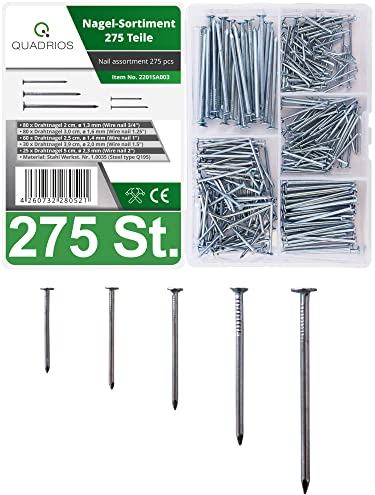 QUADRIOS GmbH | 275 Stück Stahlnägel Set | Nagel Set aus Stahl | Lange und kurze Nägel aus Stahl von 20mm bis 50mm, für Heimwerker, Bilder an der Wand aufhängen, Handwerk oder Bau