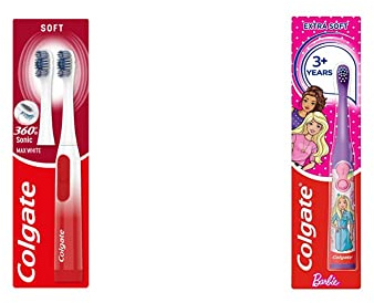Colgate 360 Sonic Max White Battery Powered Toothbrush Cleans in 4 Ways and Polishes Teeth Surface & Barbie Kids Battery Powered Toothbrush, Assorted Colors