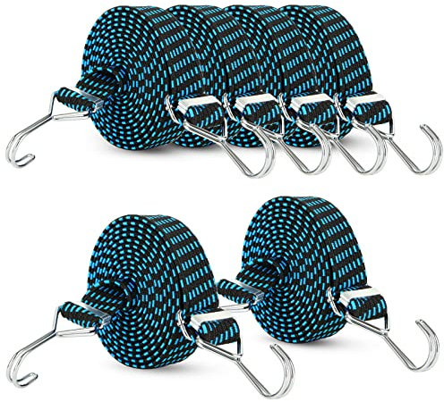 SENENQU 6 Pack 3m Bungee Cords with Hooks, Elastic Bungee Straps with Metal Buckle, Blue Adjustable Luggage Bungee Ropes for Bike Roof Rack Cargo Car Camping Moving – 3cm Width