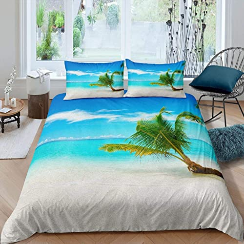 TAKOLI Bettwäsche 135 x 200 Strand, Weiche Microfaser Palme Hawaiianisch Bettwäsche Set 2 teilig - Blaues Meer Bettbezug & 1 Kissenbezüg 80x80, mit Reißverschluss