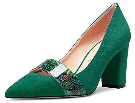 NobleOnly Damen Mittlerem Chunky Blockabsatz Absatz Heel Spitze Zehenkappe Slip-on Büroschuhe Lässig Party Pumps Dress Klassisch Schuhe 8 cm Heels Dunkelgrün 45 EU