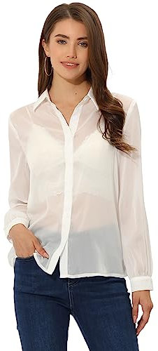 Allegra K Sheer Button Up Shirts for Women See Through Mesh Long Sleeve Shirt Tops White L