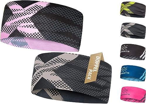2er Set atmungsaktives Sport Stirnband Damen & Herren - schnelltrocknendes Kopfband zum Wenden - elastisches Haarband, Schweißband Stirn (rosa, grau)