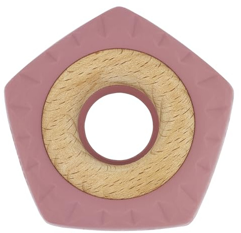 Dentistar Pentastar - Baby Beißring aus weichem Silikon und Holz - Zahnungshilfe für Babies ab 3 Monate - Lindert Schmerzen beim Zahnen - BPA frei - Rosa