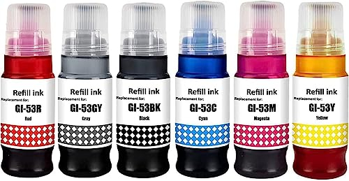 SHUOLEI GI53 GI-53 Ink Cartridges Compatible with Canon Pixma GI53 GI-53 Ink Bottle Multipack for Pixma G650 G550 (6-Pack, Black/Cyan/Magenta/Yellow/Red/Grey)