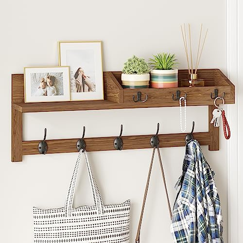 AMBIRD Wandhaken mit Ablage, 66,57 cm, Holz-Kleiderhaken für die Wand mit Regal, Garderobenleiste Wandhalterung mit 5 Doppelhaken, 3 Schlüsselhaken, Post-Organizer und Schlüsselbrett-Halter (Braun)