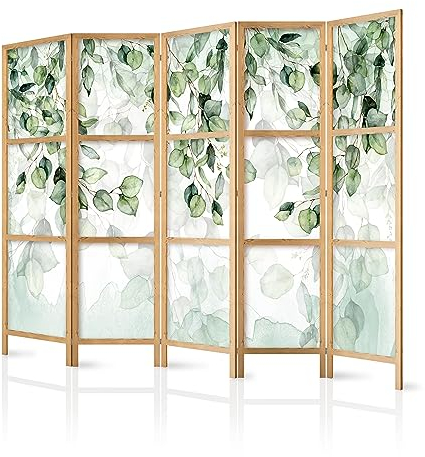 murando - Paravent Innen Raumteiler Holz Blätter 225x172 cm 5-teilig Japanische Trennwand Raumtrenner Room Divider Mobiler Sichtschutz Spanische Wand Raum Abtrennung grüne Botanik b-C-0876-bh-a