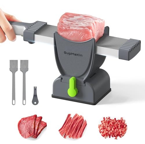 Meat Slicer for Home Use, ThicknessAdjustable 2 or 4 mm, 17 in 1 Stainless SteelManual Meat Cutter, Cleaver Kitchen Knife,Jerky Slicer Suit for Chicken Breast Beef Pork(Gray)