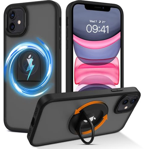 YINLAI for iPhone 11 Magnetic Case iPhone XR Case [Compatible with Magsafe] with 360° Rotatable Ring Holder Stand Matte Translucent Back Slim Shockproof Case for iPhone 11/iPhone XR 6.1 inch，Black
