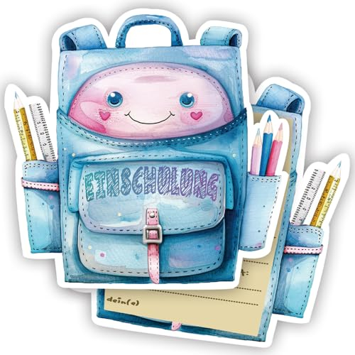 ZELAITE 12x Einschulung EINLADUNGSKARTEN Mädchen Junge - Einschulung Einladungen für Junge und Mädchen Einschulungsfeier, Einschulung Karten im süßem Schultaschen-Design (D)