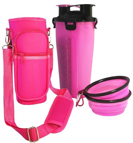 PETPECAS Bebedor Perro Portátil, Botella De Agua para Perros, Incluye Funda Neopreno, Bebedor Comedero para Perros, Antigolpes y Antiarañazos, Bebedores para Perros Portátil, Dog Water Bottle (Rosa)