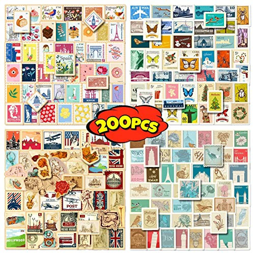 Briefmarken Aufkleber für Laptop(200PCS),Geschenk für Kinder Jugendliche Erwachsene Jungen,Stamp Wasserdicht Vinyl Aufkleber Stickers für Scrapbook,Skateboard,Auto,Gepäck