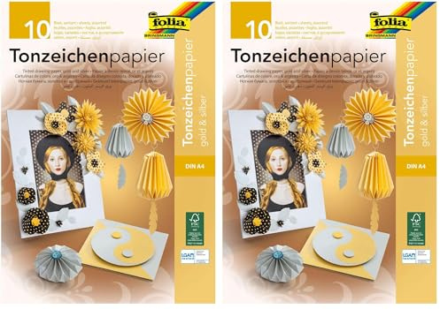 folia 601 Block mit Tonzeichenpapier in Gold/Silber, 10 Blatt, 130 g/qm, DIN A4, ideale Grundlage für vielfältige Bastelarbeiten wie Fensterbilder, Scrapbooking, Kartengestaltung (Packung mit 2)