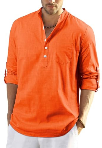 Enlision Mens Orange Cotton Linen Autumn Long Sleeve Collarless Grandad Shirts Button Down Causal Lightweight Yoga Top M