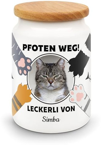 Personalisierte große Leckerlidose Pfoten Weg! - mit Foto und Wunschnamen - für Katzen - hygienische und praktische Aufbewahrung von Katzen-Snacks | Geschenk für Katzenliebhaber