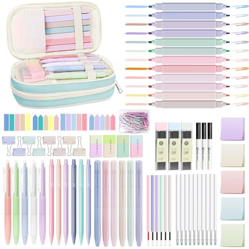 YIBONIKA 129 PCS Aesthetic Stationery Supplies with Blue Pen Case, 12 Pastel Highlighters, 11 Gel Pens, 6 Mechanical Pencils, 9 Sticky Notes for Students Stationary School Essentials