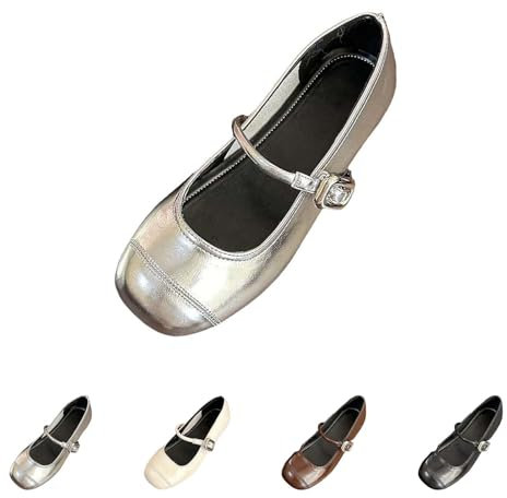 Mary Jane Flats Shoes for Women Size 6 Ladies Ballet Ballerina Pumps Round Toe Flats Shoes Womens Ballet Shoes Work Smart Office Comfort Shoes Silver