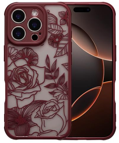 XIZYO Case for iPhone 16 Pro Max 6.9 Inch, Cute Frosted Translucent Rose Floral Flower Pattern Shockproof Cover, for Girls Women Luxury Soft TPU Protective Phone Case, Wine Red