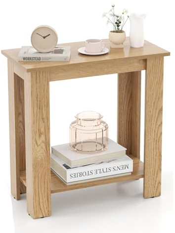 Multigot 2-Tier End Table, Narrow Rectangular Sofa Side Table with Storage Shelf, Wooden Nightstand Bedside Snack Tea Table for Living Room Bedroom (Nature)