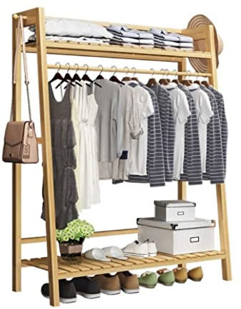 Porte-manteau sur pied en bambou avec étagère, organisateur de couloir, étagère de rangement pour manteaux et chapeaux, porte-manteaux, penderie, (naturel, 50 x 150 cm)