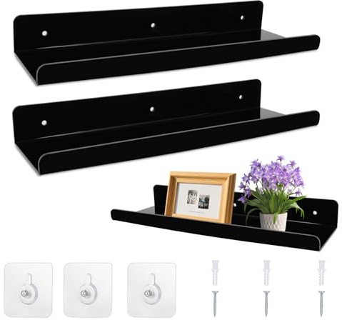 IETWATE 2 Stück Wandregal Badezimmer Ohne Bohren, 30cm Bad Regal Wand, Acryl Schweberegal, Selbstklebend Regale für Wände Dekoration und für Wohnzimmer Schlafzimmer Küche Esszimmer (Schwarz)