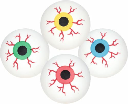 Ameisenkeks® Gruselige Augen-Flummis 4er-Set – Ø 45 mm – Hüpfbälle mit Augapfel-Design in Rot, Grün, Blau & Gelb – Halloween Deko & Scherzartikel