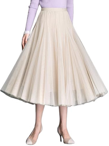 Damen Tüllrock Midi Faltenrock 78cm Länge Hoher Bund Schick Rock Elastisch Taille Drapiert Stoff, Beige