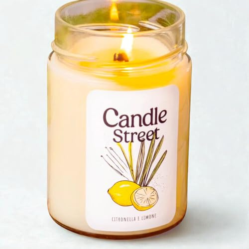 Candle Street | Candela Antizanzare Naturale | Cera di Soia Profumata | Oli Essenziali di Citronella e Limone | 185gr - Lunga Durata 40h | Vegana, Artigianale, Made in Italy | Per Interni ed Esterni