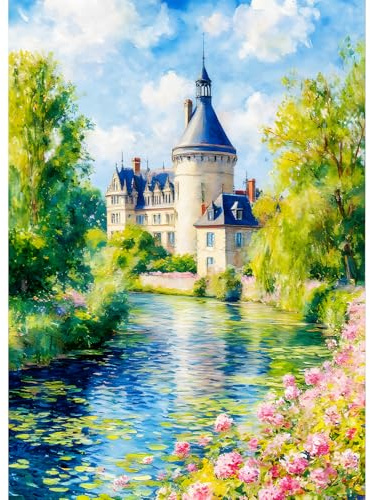 QQYRHN 5D Altes Schloss Diamond Painting Kit für Erwachsene Anfänger Fluss Diamant Kunst Kits Vollständiges DIY Wildblumen Diamantstickerei-Set Perfekt zur Entspannung und Dekor 30x40 cm