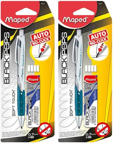 Maped - Porte-Mine HB 0,7mm + Étui-Mines + 4 Gommes - Crayon à Mine avec Embout Gomme et Sortie de Mine Automatique - Préhension Soft - Coloris Aléatoire Bleu, Rose, Vert (Lot de 2)