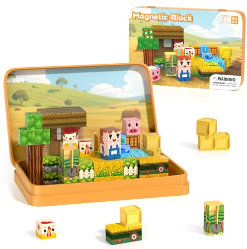 Magnetische Bausteine Reiseset, Magnetbausteine 54 pcs mit Tragbaren Box | Bauernhof-Thema, Magnetic Building Blocks, Magnetwürfel Kinder, Magnet Bausteine für Jungen Mädchen, Spielzeug ab 3 jahre
