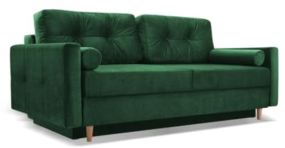 FURNIPOL PASTELLA FAST DELIVERY Sofa Bed with Storage, 213 cm W × 98 cm D × 83 cm H, 153×189 cm Sleeping Area, Velour Fabric, Bonell Springs, Polyurethane Foam, Wooden Frame & Legs – Green