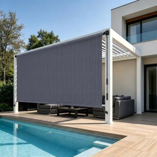 Outaro 10' W x 8' H Outdoor Roller Shades for Patio, Bluegrey | 90% UV Block, Patio Shades Roll Up Outdoor, 2 Poles & 1 Fabric, Sun Shade Outdoor Blinds for Porch, Gazebo, Porch, Pergola