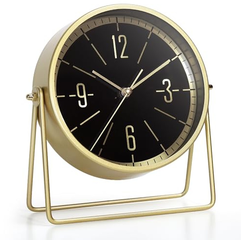 AYRELY® Vintage Metall-Tischuhr – Leise Kaminuhr ohne Ticken mit verstellbarem Winkel, Analoge Standuhr im Retro-Stil für Wohnzimmer, Regal, Kamin & Büro (Gold)