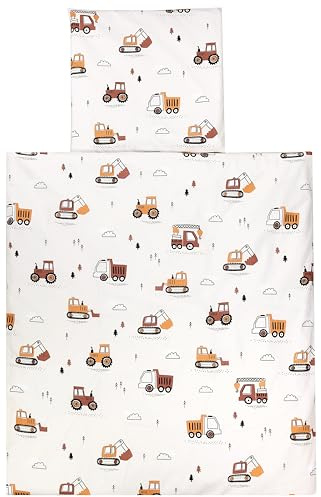 TupTam Wiegenset, Baufahrzeuge/Bagger/Beige, 80x80 cm | Baby 4-teilig Unisex Bettwäsche-Set: Bettdecke und Kopfkissen mit Bezug