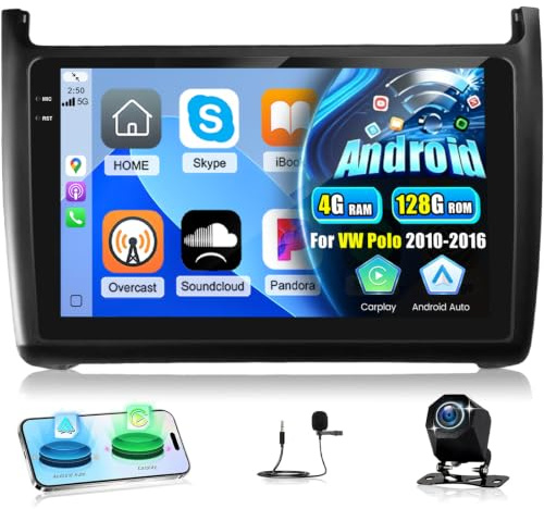 [4+128G] Car Radio for VW Polo 2010-2016, Wireless Carplay and Android Auto | Techschermo 9 Inch Incell Touchscreen Android Car Stereo - GPS / 5GHz WiFi/ EQ Audio / SWC / FM/RDS + AHD Backup Camera