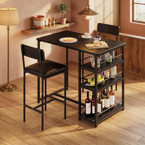Koioplie Bartisch-Set mit Ablage, Tresen-Set 1 Tisch 2 Barhocker, Kücheninsel-Tisch mit Aufbewahrungsregal, gepolsterte Barstühle mit Rückenlehne und Fußablage, pflegeleicht, einfache Montage, Schwarz